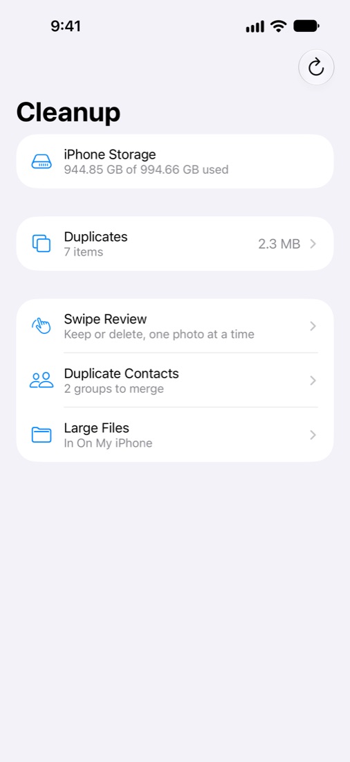 CleanStorage dashboard showing iPhone storage, duplicates and tools